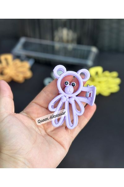 QUEEN AKSESUAR Cute Matte Color Crystal Stone Eyed Teddy Bear Clothespin Buckle Bear Clip Purple Lilac