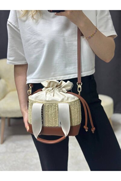 Nues Women's Tan Straw Raffia Rope Hand and Shoulder Bag