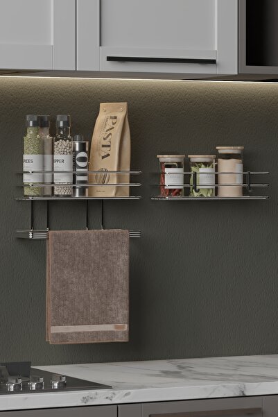 Hill Homes 2 li Set Yapışkanlı Krom Gümüş Askılı Baharatlık Mutfak Rafı Tezhah Havluluk Düzenleyici