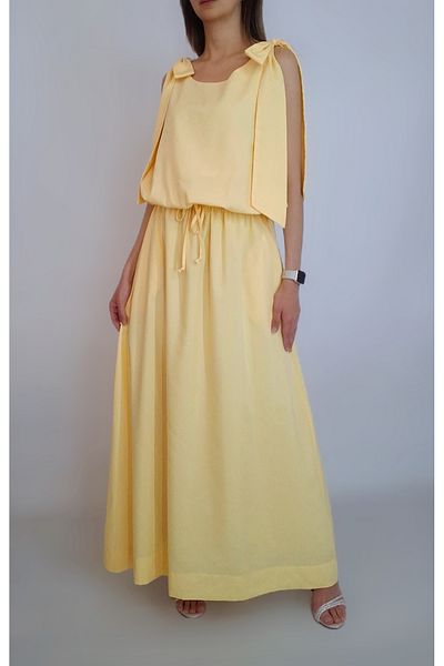 oyagüler Women's Butter Yellow Shoulder Bow Tie Lining Balloon Bluz Elastic Skirt Double Set Yy101250