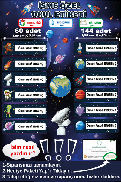 Ayza Tasarım İsme Özel Su Geçirmez Uzay Temalı Okul Etiketi Sticker Kişiye Öz...