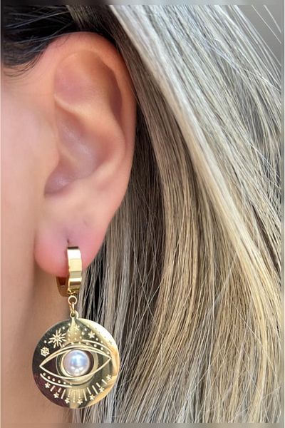 Çelik Steel Earrings with Eye Figure and Pearl Detail