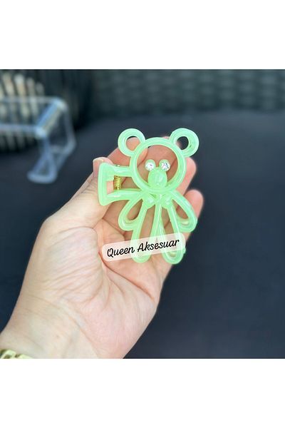 QUEEN AKSESUAR Luxury Cute Neon Transparent Colorful Crystal Stone Teddy Bear Clothespin Buckle Bear Clip Mint Green