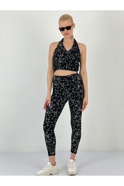 Miss Poem Women's Floral Patterned Black Suit
