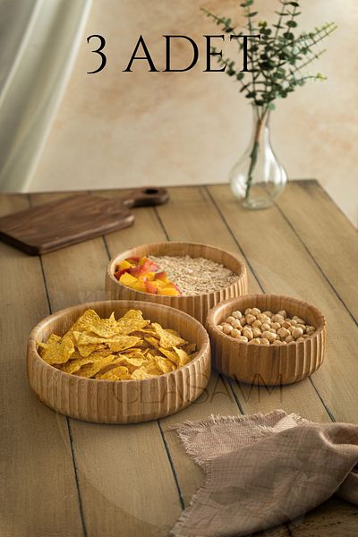 clasavm Set of 3 Bamboo Striped Bowls |   Meze, Salad, Bread and Fruit Presentation |   3 Bamboo Bowls