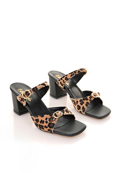 meyra'nın ayakkabıları Women's Gold Buckle Detailed Heeled Slippers Leopard