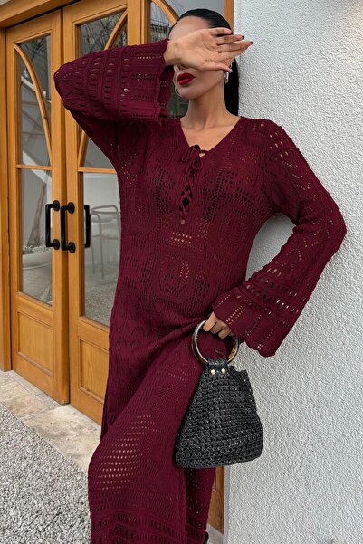 Genel Markalar Kadın Bordo Uzun Örme V Yaka Elbise