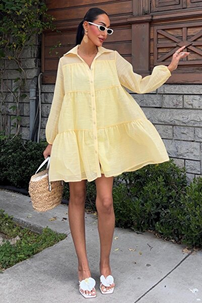 Genel Markalar Kadın Sarı Uzun Kollu Gömlek Yaka Kısa Elbise