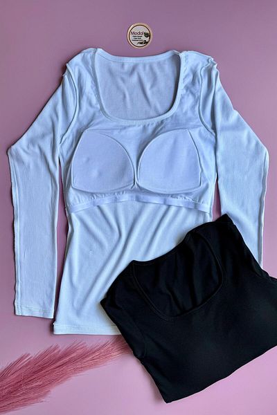 Elosia Chic Drape |   Modal 2-Piece Square Neck Bra, Black and White Color Long Sleeve Camisole Women's Tank-Blouse