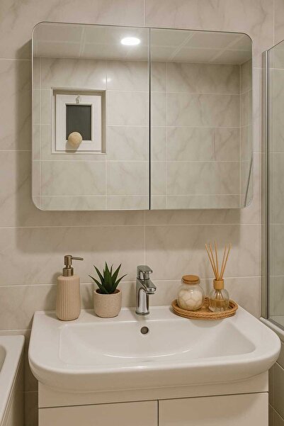 LOVYCO Lavabo Üstü Aynalı Banyo Dolabı Iki Kapaklı 80x60