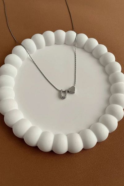Alexis Carrel Steel Chain U Letter Necklace, Heart Detailed Silver Color Letter Necklace