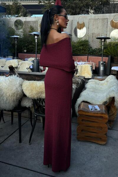 WeShaya Women's Burgundy Long Knitwear Madonna Collar Dress