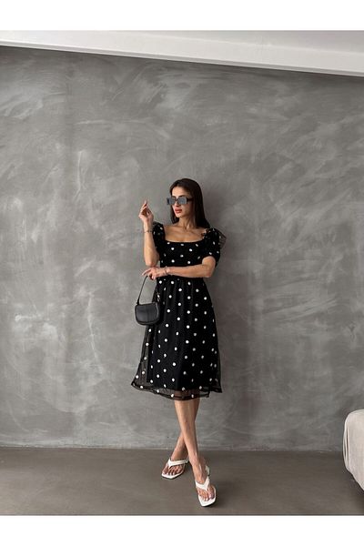 CCTWEAR Black Spring Flower Daisy Embroidered Gipeli Boat Neck Dress