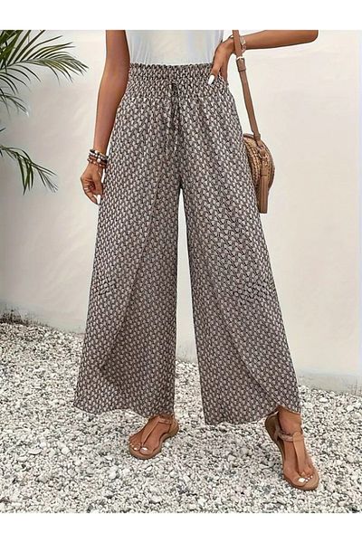 rengafashion Women's High Waist Elastic Patterned Wrinkle Fabric Trousers