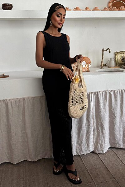 Genel Markalar Kadın Siyah Düz Dokuma Kolsuz Uzun Elbise