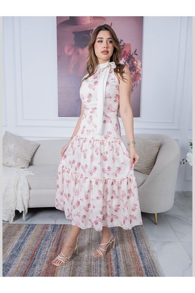 Nice Model Pink Floral Midi Dress Women Sleeveless Bow Neck Summer Wedding Guest Outfit Romantic Party Wear