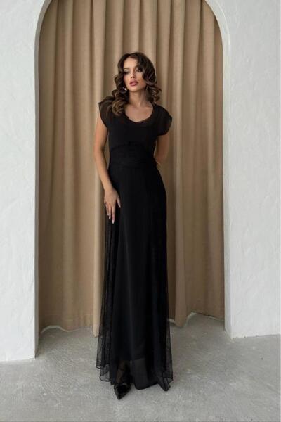 WeShaya Women's Black Degaje Collar Chiffon Midi Dress