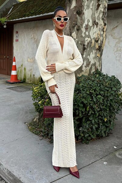 WeShaya فستان نسائي محبوك بأكمام طويلة ومخطط من الكروشيه إكرو