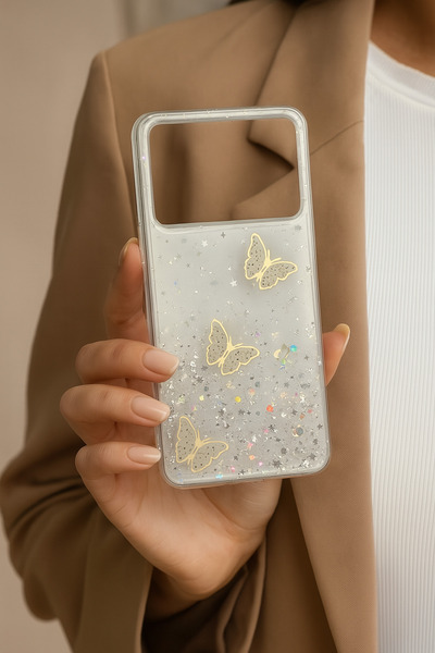 Rivor Xiaomi Poco X6 Pro Uyumlu Kılıf Kamera Çıkıntılı Simli Kelebek Kabartma...