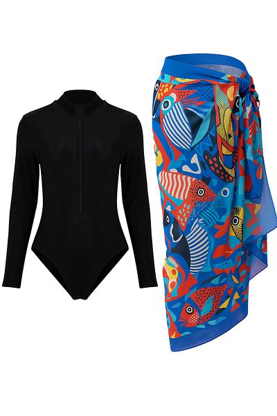 CUPSEA Black Long Sleeve Zippered Lycra Swimmer Swimsuit Fish Pattern Pareo Set of 2