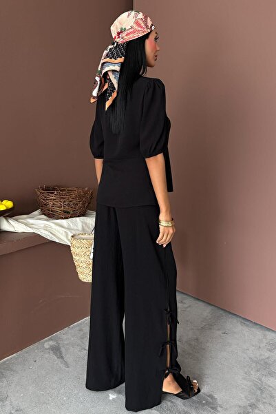 WeShaya Women's Black Woven Crew Neck Short Sleeve Suit