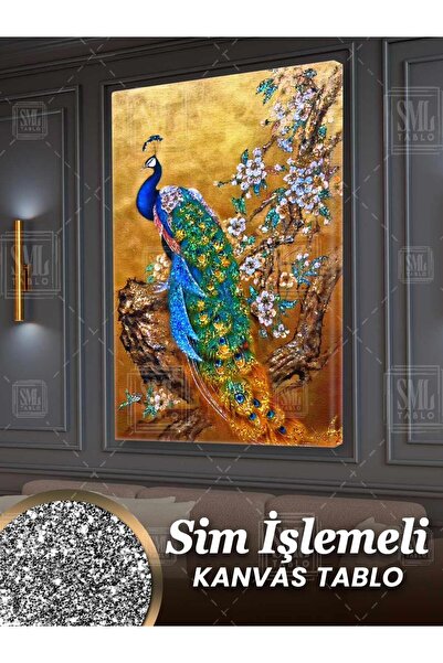 SML TABLO Simli Dalda Oturan Pırıltılı Mavi Tavus Kuşu Gold Sim İşlemeli Dike...