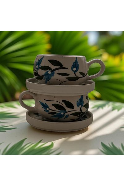 Çiporcal Beren Blue Grapevine Mug Set with 2 Plates Hand Decor Ceramic Mug