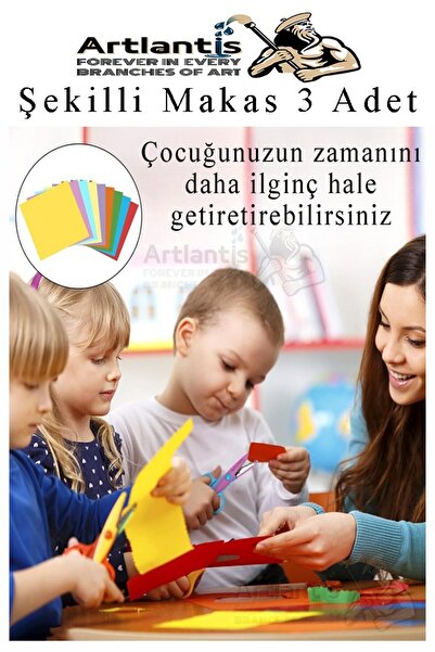 Artlantis Şekilli Makas Metal Plastik Kaplamalı 3 lü 1 Paket Desenli Tırtıklı Şekilli Kesen Makas Seti Güvenli