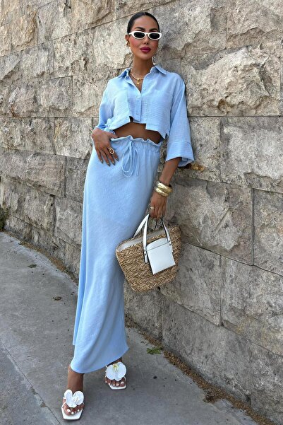 WeShaya Set cu mâneci lungi din in albastru pentru femei