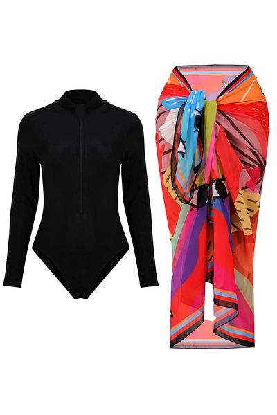 CUPSEA Black Long Sleeve Zippered Lycra Swimmer Swimsuit Rainbow Pareo Set of 2