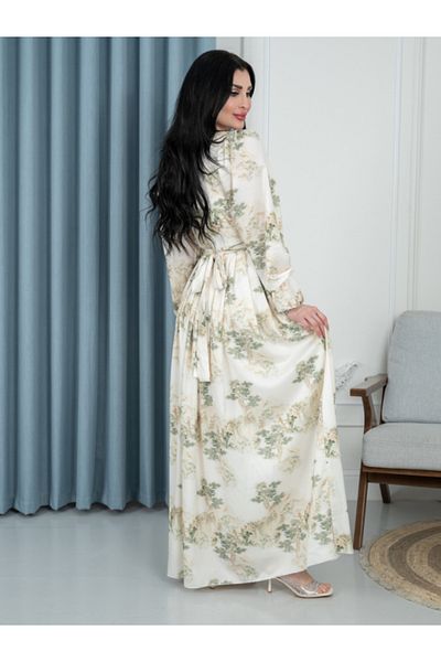 Nice Model Women's Long Sleeve Floral Maxi Dress with Belt - Elegant V-Neck Wrap Style Green Botanical Print