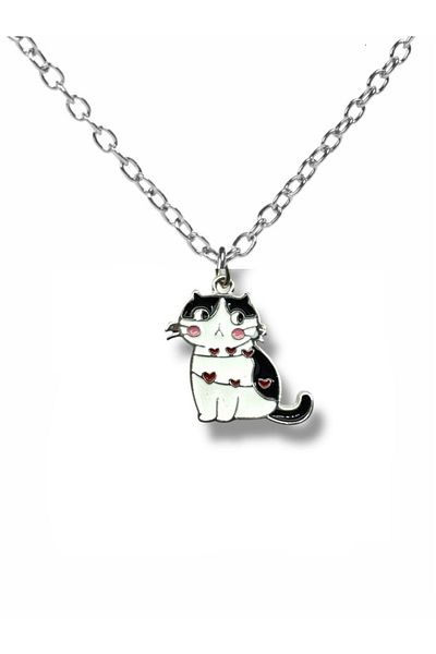 Herşey Nota Unisex Necklace with Black Cat Figure and Red Heart Detail – Bold and Stylish Design