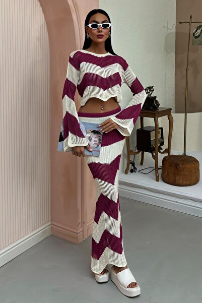 WeShaya Set de tricotaje cu mâneci lungi pentru femei, ecru, prune