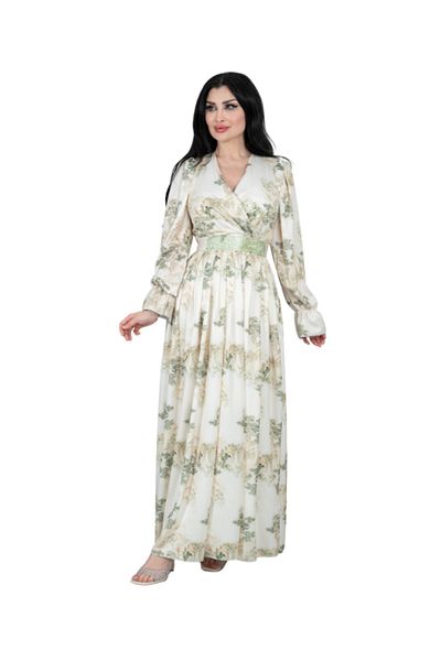 Nice Model Women's Long Sleeve Floral Maxi Dress with Belt - Elegant V-Neck Wrap Style Green Botanical Print