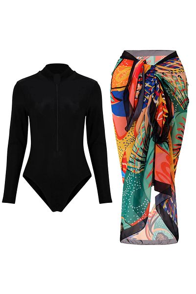 CUPSEA Black Long Sleeve Zippered Lycra Swimmer Swimsuit Bodrum Pareo Set of 2