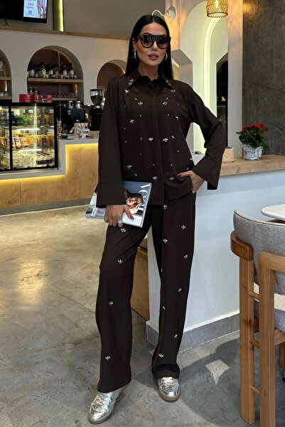 WeShaya Women's Brown Polyviscon Stone Printed Long Sleeve Suit