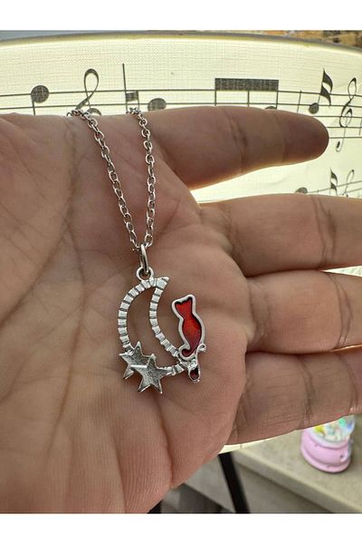 Herşey Nota Unisex Necklace with Moon Star and Red Cat Figure – Elegance, Meaning and Loveliness in One