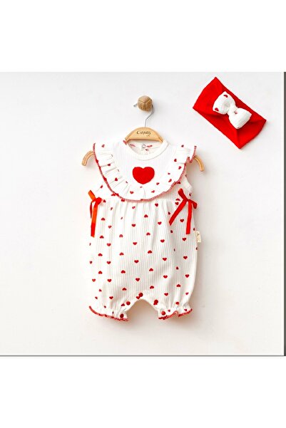 COŞAY BEBE Baby Girl Romper with Bandana with Red Heart 100% Cotton