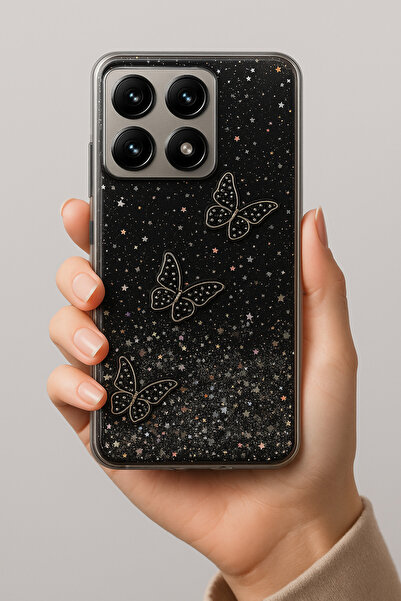 Rivor Xiaomi Mi 14T & Mi 14T Pro Kılıf Kamera Çıkıntılı Simli Kelebek Kabartm...