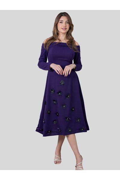 Nice Model Purple Off Shoulder Midi Dress with 3D Floral Embellishments Long Sleeve Evening Party Formal Wear