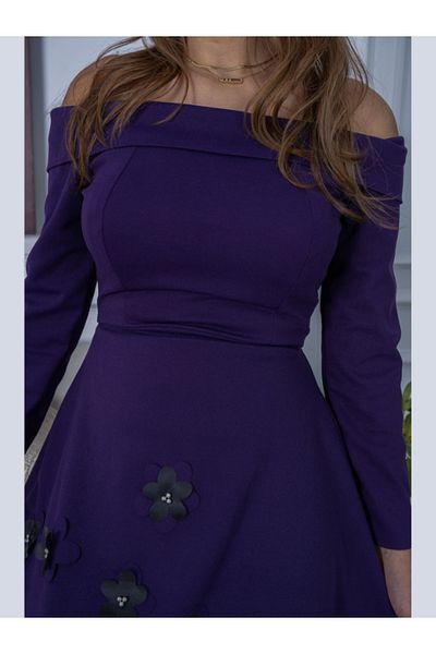 Nice Model Purple Off Shoulder Midi Dress with 3D Floral Embellishments Long Sleeve Evening Party Formal Wear