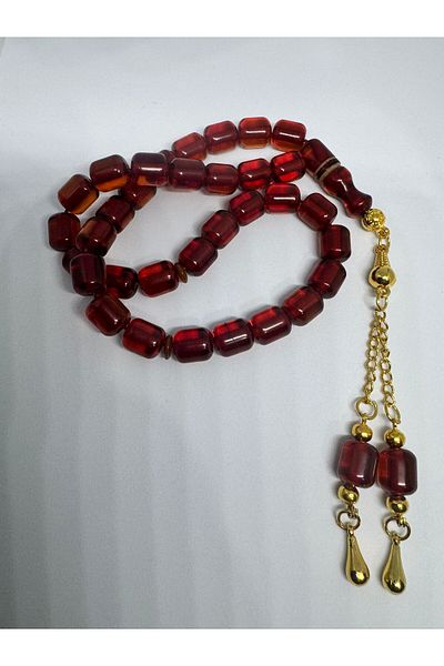 Tesbih Dünyası Amber Red Hairy Prayer Beads Alpaca Gold Plated Tassel