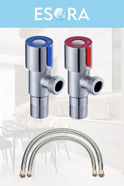 ESORA 2 Pieces of Inox Stainless Steel Open Close Intermediate Faucet + 2 Pieces of Flexible Connecting Hose