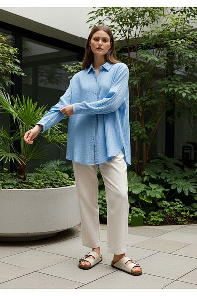 COMBİNE MİCHAİL New Season Women's Loose Cut Summer Shirt Sky Blue