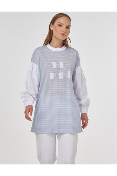 Kayra Slogan Line Pattern Tunic Light Blue