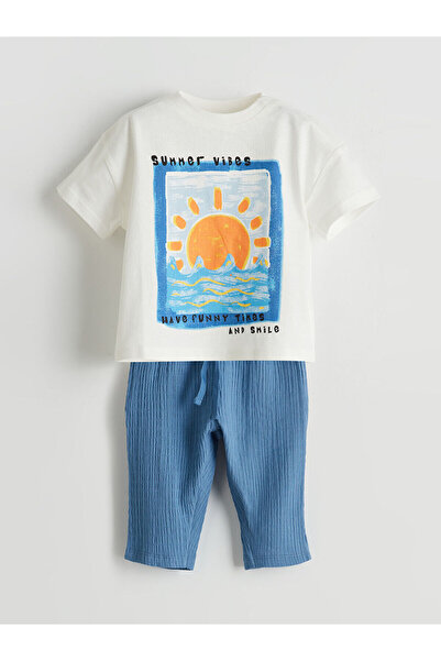LC Waikiki Ecru Printed Baby Boy T-Shirt and Pants 2-Piece Set