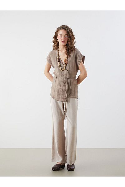 LC Waikiki Brown Double Breasted Collar Textured Blouse