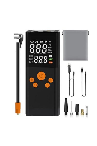 zyteq Compresor auto 3 în 1, 150 PSI, 100 W, baterie externă, LED, USB-C, 12 V, portabil, negru-portocaliu