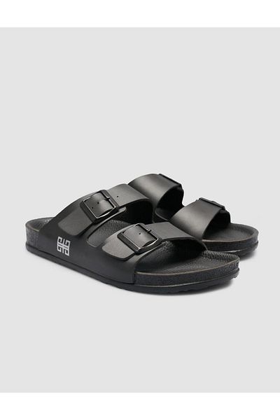 Cabani 100% Genuine Leather Black Men's Slippers with Buckle Detail