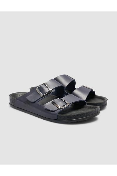 Cabani 100% Genuine Leather Navy Blue Men's Slippers with Buckle Detail
